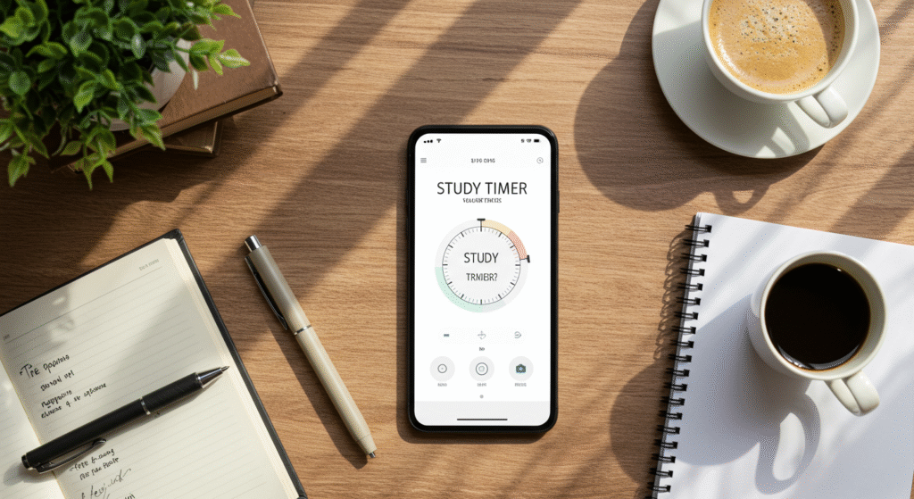 best-free-study-time-tracking-apps-thumbnail 책상 위에 공부 타이머 앱이 켜진 스마트폰과 책, 노트, 커피가 놓여 있는 모습의 이미지