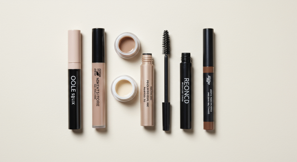 eyebrow-dye-safety-risks-and-alternatives 갈색, 회색 등 다양한 색상의 눈썹 틴트, 눈썹 마스카라, 아이브로우 펜슬이 깨끗한 배경 위에 놓여 있는 제품 사진으로, 눈썹 색상을 안전하게 바꾸는 대안들을 보여줌.