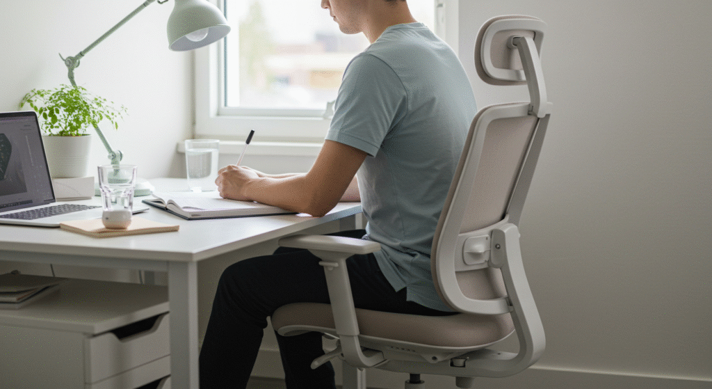 how-to-sit-longer-effectively 올바른 자세로 의자에 앉아 집중하는 학생 또는 직장인의 모습