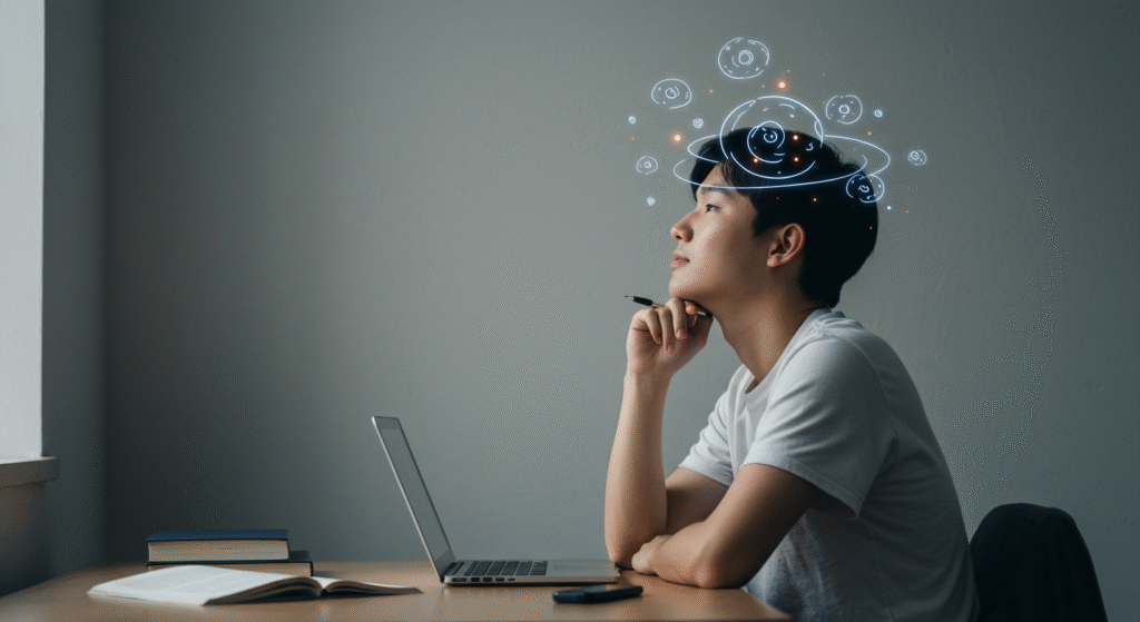 how-to-utilize-mind-wandering-for-study 멍 때리는 시간을 통해 학습 내용을 정리하고 있는 학생의 모습