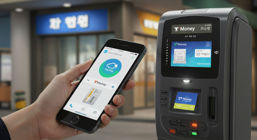 applepay-tmoney-guide 아이폰을 한국 지하철 개찰구에 대고 티머니 교통카드를 결제하는 장면