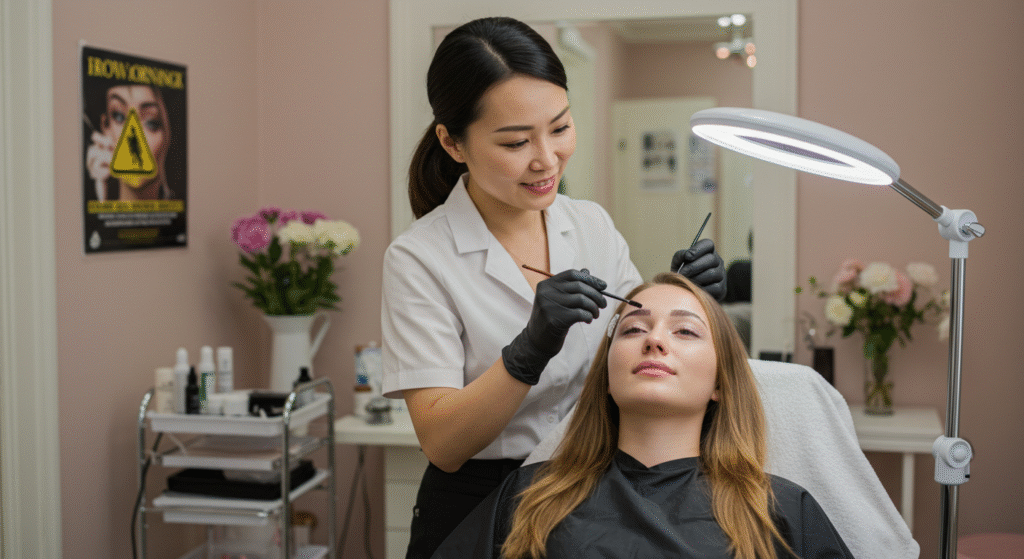 beautyshop-eyebrow-fine 미용실에서 젊은 여성이 눈썹 염색을 받고 있는 장면과 함께 법적 경고 표시가 함께 표현된 일러스트 이미지