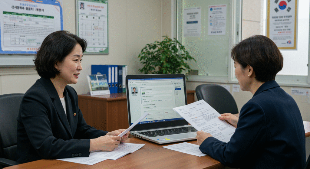 burden-credit-apply-guide 한국의 정부 지원금 신청 장면. 한 시민이 노트북으로 온라인 신청서를 작성하고 있으며, 공무원이 서류 작성을 도와주고 있다. 따뜻하고 신뢰감 있는 분위기의 한국식 사무실 내부이며, 자연광이 부드럽게 비추고 있다.