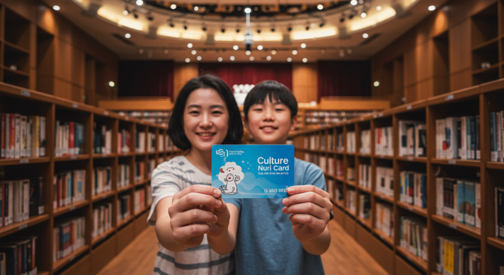 culturenu-card-apply 문화누리카드를 들고 도서관, 영화관, 공연장을 즐기는 한국 가족의 모습.