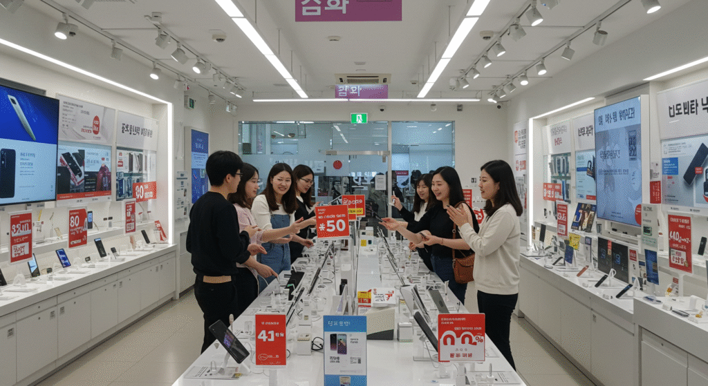 dantong-law-benefit 스마트폰 매장에서 다양한 모델을 구경하고 있는 고객들, 직원에게 할인 혜택을 받으며 웃고 있는 모습. 밝고 현대적인 매장 인테리어.