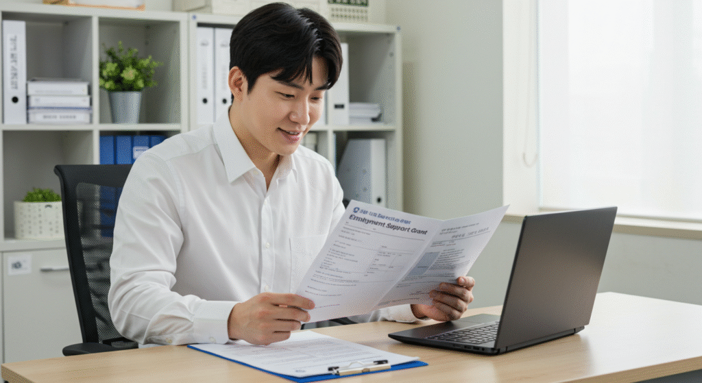 employment-support-apply 고용지원금 신청서를 작성하는 한국 직장인의 모습.
