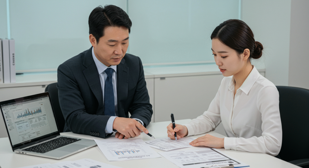 employment-support-apply-guide 고용지원금 신청서를 함께 확인하는 한국 직장인과 사장님의 모습