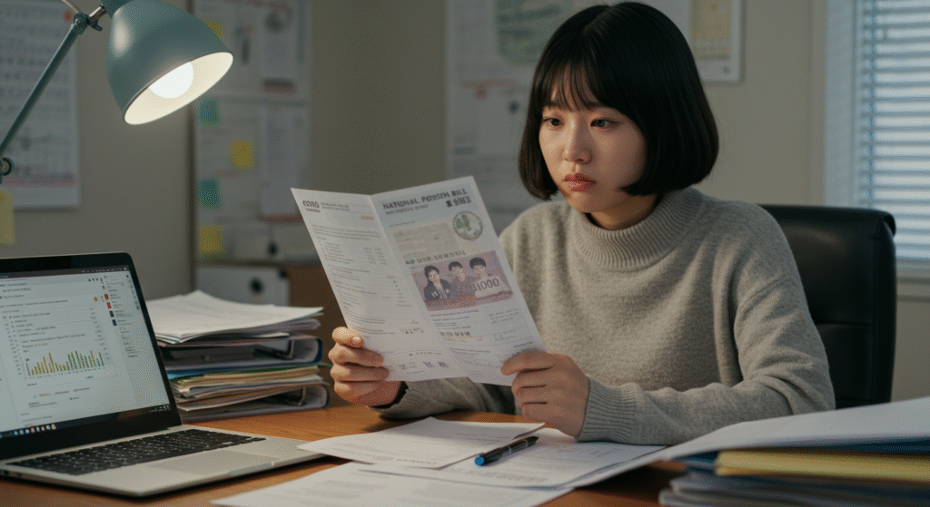 national-pension-18-auto 국민연금 청구서를 들고 고민하는 한국 청소년의 모습.