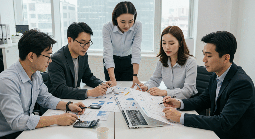 retirement-pension-mandatory 사무실 책상 위에서 퇴직연금 계획서를 검토하는 한국 직장인들 모습