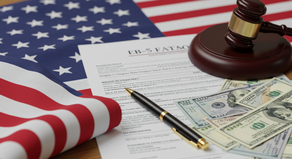 usa-investment-immigration-trump 미국 국기와 EB-5 투자 이민 서류, 달러 지폐와 판사가방이 놓인 책상 위 풍경.