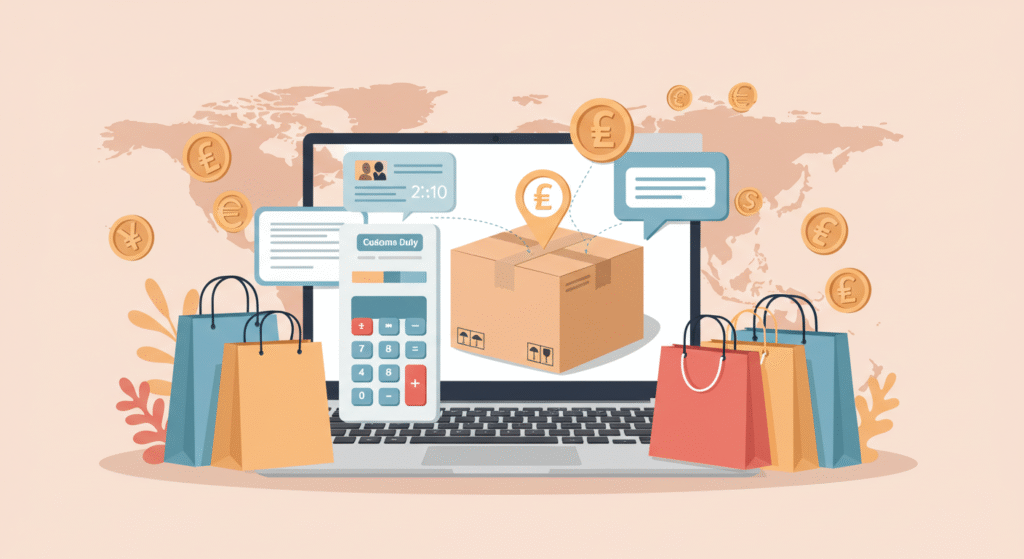 overseas-shopping-duty-standard 노트북 화면에 관세 계산기가 표시되고 옆에 해외 직구 상품 상자와 쇼핑백이 놓인 인포그래픽