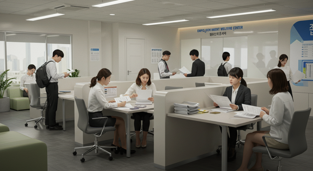 success-package-guide 취업성공패키지를 신청하려는 청년이 고용복지플러스센터에서 상담을 받고 있는 장면. 데스크에 앉아 친절하게 안내하는 직원과 진지한 표정의 청년 모습. 정부지원 취업 프로그램을 상징하는 안내 배너와 자료들이 배경에 함께 배치됨.