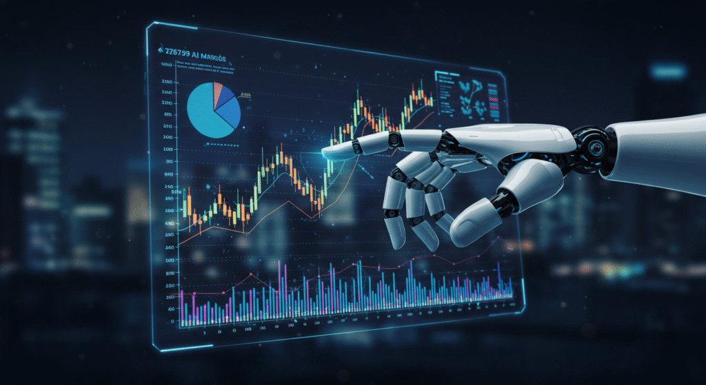 ai-stocks-2025 ai 투자를 표현하고 있는 로봇팔과 주식 차트 일러스트