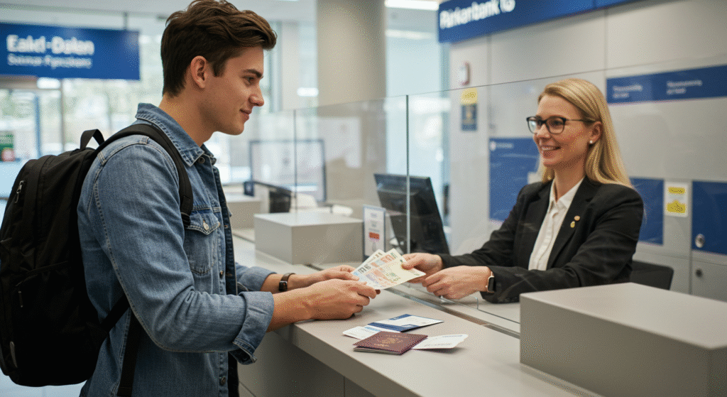 overseas-travel-exchange-rate-benefits 환율 우대를 받으면서 환전하고 있는 여행객의 모습