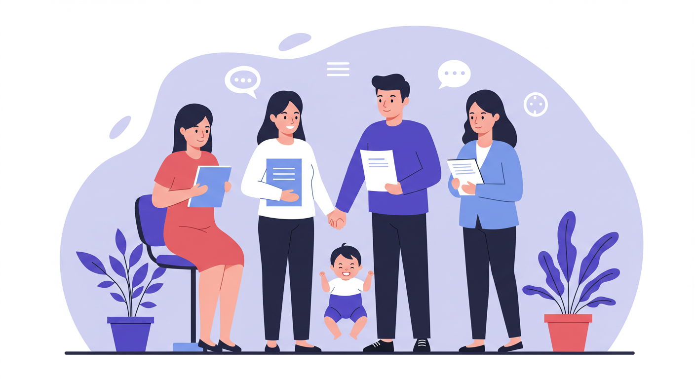 parent-allowance-application 부모급여를 신청하려고 알아보고 있는 한국 가족 일러스트
