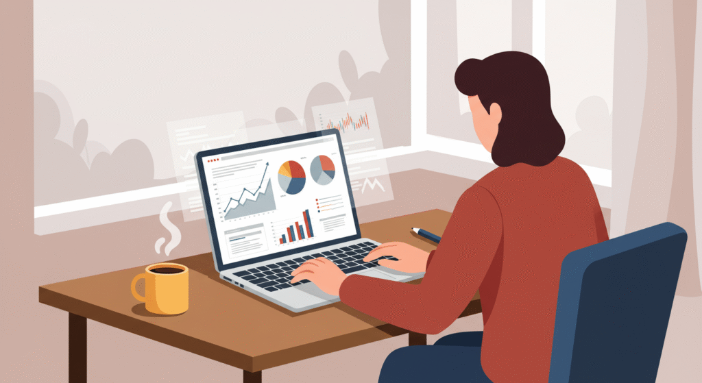 side-hustle-ideas-2025 재택부업을 하고 있는 주부의 뒷모습 일러스트
