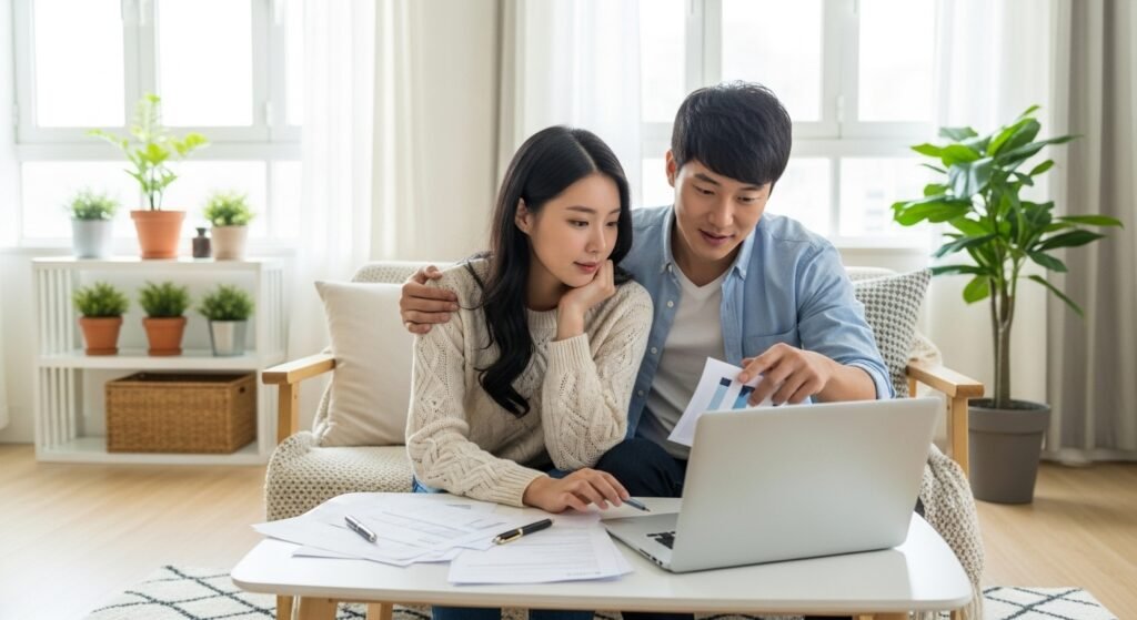 노트북으로 청년 전세자금대출 서류를 검토하는 청년 부부의 모습