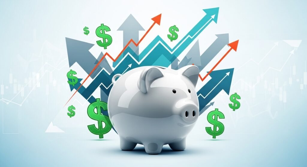 초보 재테크를 시작하는 사람을 상징하는 이미지 — 저금통, 동전, 성장하는 투자 차트