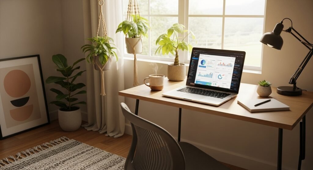 A modern minimalist home office setup with a laptop, coffee mug, and green plants on a wooden desk, illuminated by natural light — representing productivity and home-based business work in 2025.