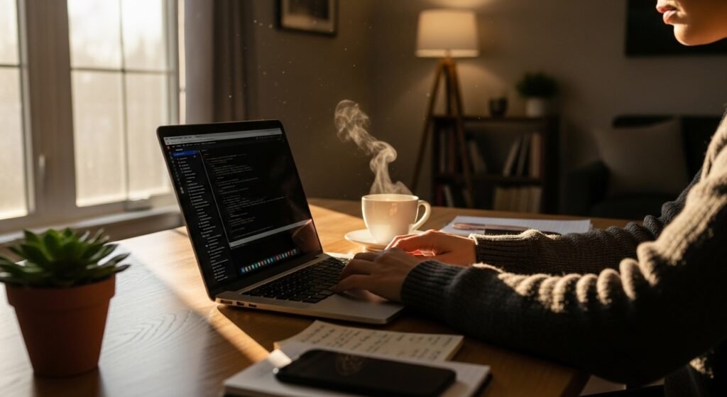 노트북으로 부업을 하는 사람과 다양한 부업 아이콘이 있는 현대적인 일러스트